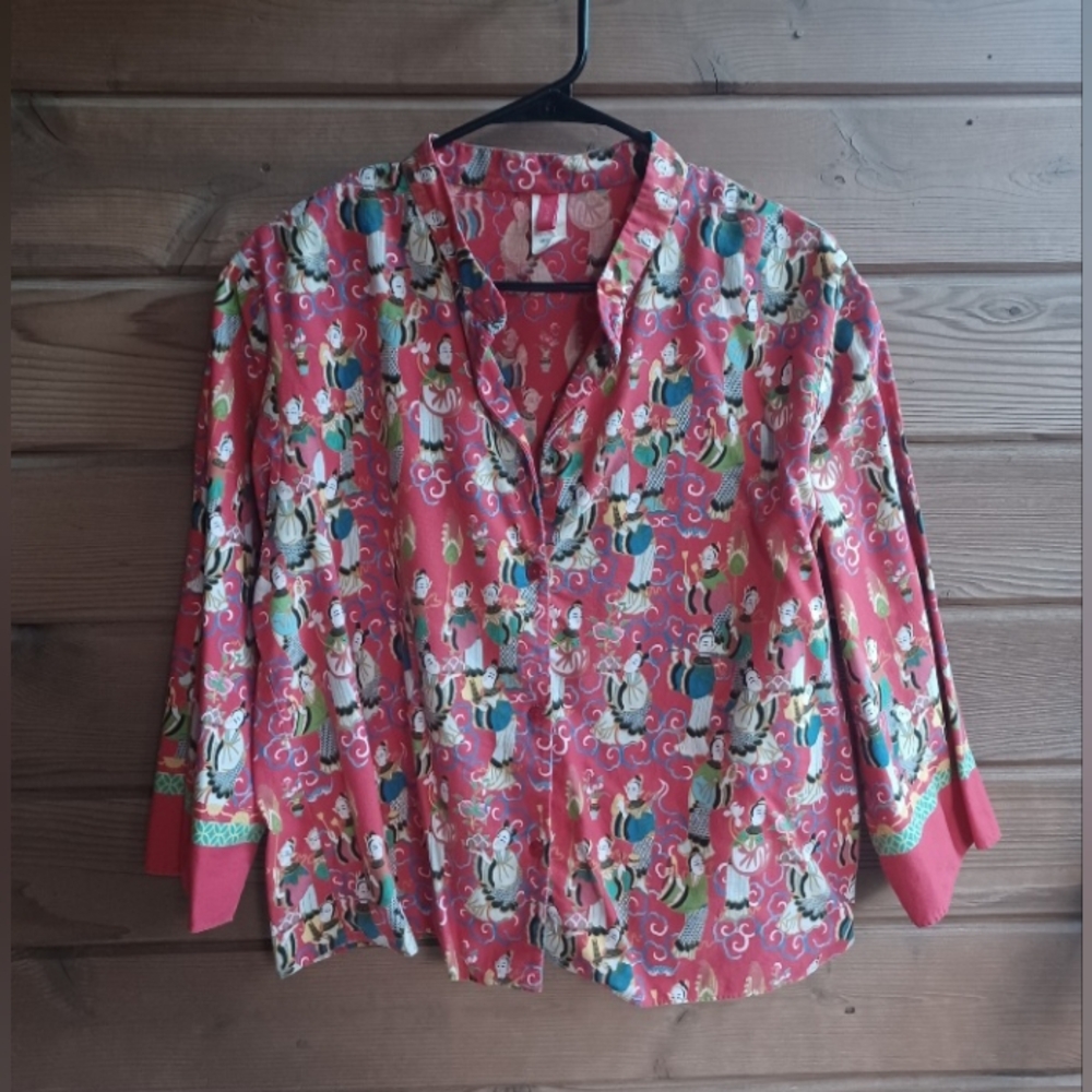 Y2K Josie Red SE Asian Theme Print Button Down Top, Medium